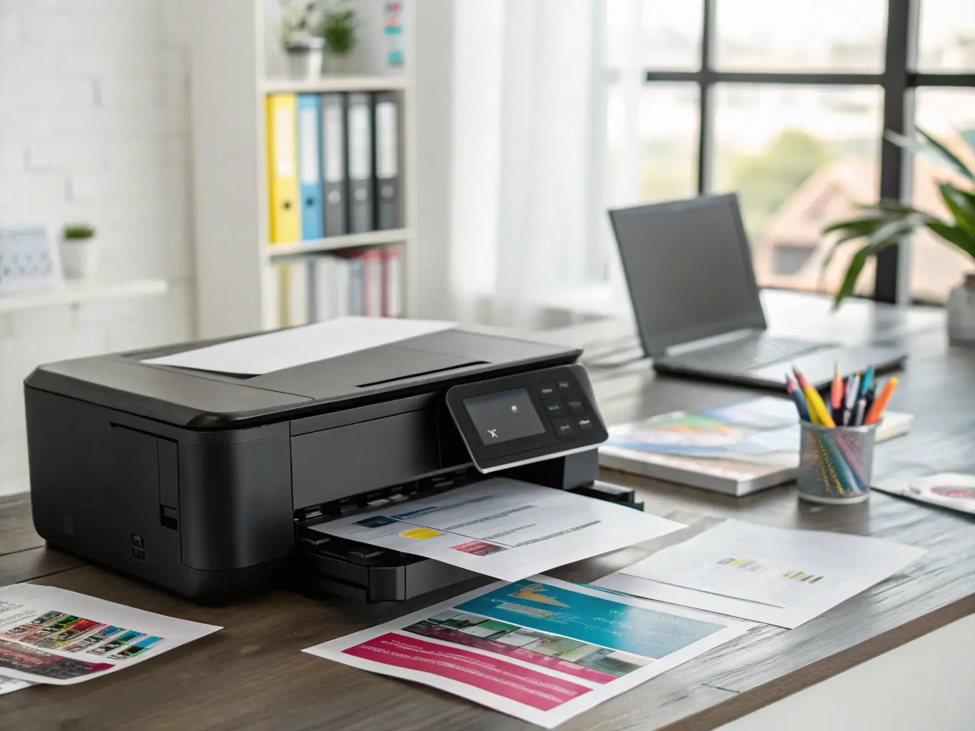 An image of a set of colorful ink cartridges next to a modern printer, highlighting quality and variety.