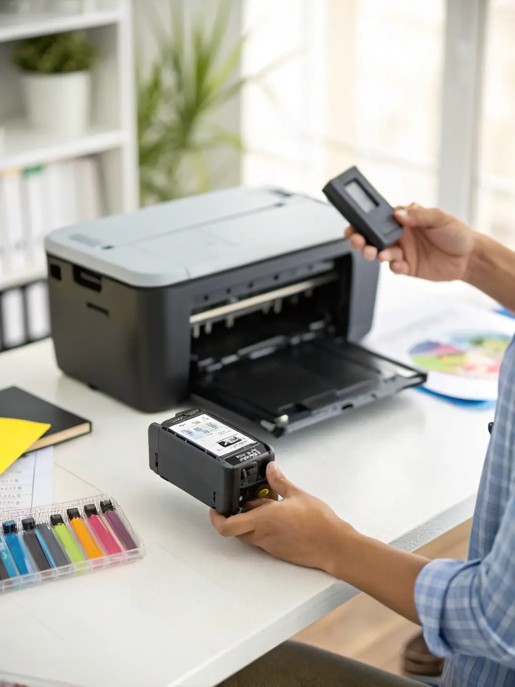 A close-up shot of vibrant, high-quality ink cartridges being inserted into a printer, showcasing the ease of use and the promise of vivid colors.