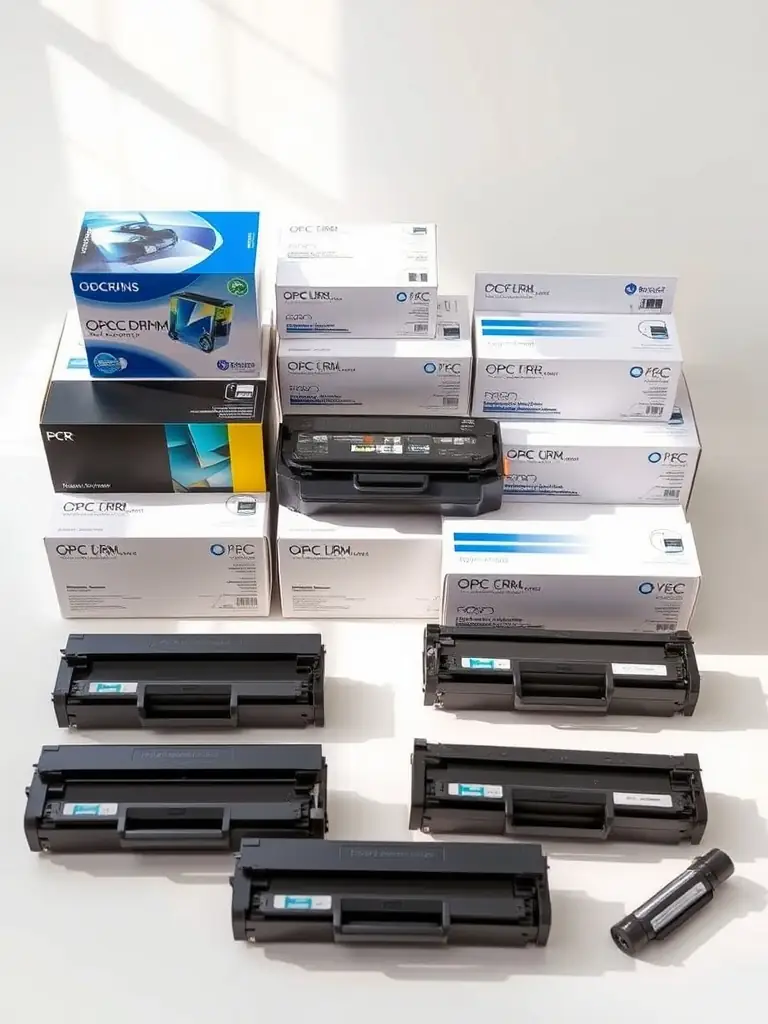 An organized display of various printer accessories, including cleaning kits, paper trays, and maintenance tools, highlighting their utility and convenience.