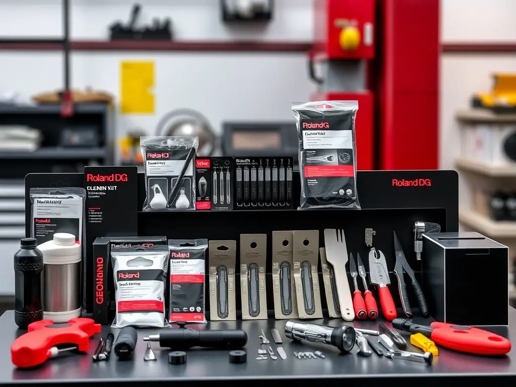 An image of various printer accessories arranged neatly, including trays, cleaning kits, and maintenance tools.