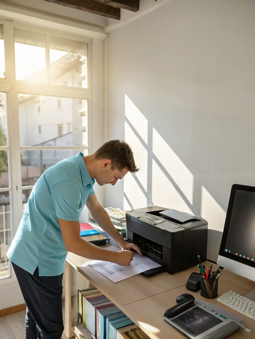 A person easily installing a new paper tray into a printer, demonstrating the ease of use and the improvement in printer functionality.